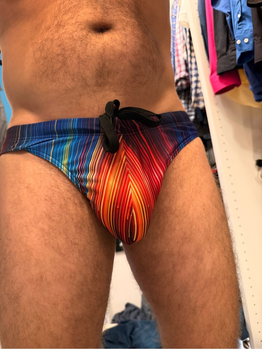 Men's Rainbow Stripe Swim Trunks with Adjustable Drawstring